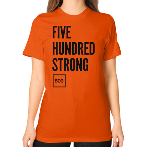 Unisex T-Shirt (on woman) Orange 500 Startups Idea
